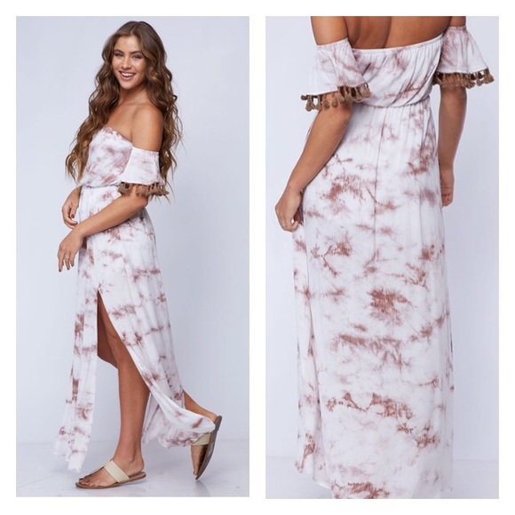 Off Shoulder Mocha Tie dye Maxi Dress - Picture 2 of 2